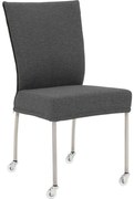Goossens Eetkamerstoel Funk RVS Poten donkergrijs stof leuning en met wielenTransparant skater wiel met rvs kap, modern design
