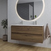 Adema Chaci Badkamermeubelset - 120x46x57cm - 2 ovale keramische wasbakken wit - 2 kraangaten - 2 lades - ronde spiegel met verlichting - noten (hout) SW718699/SW718719/SW161923