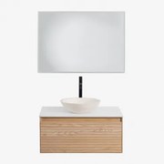 Tedrik Badkamermeubelset In Essenhout Ash Brown & Rond Cement Wit Ø40 Cm Zavion & Rechthoekige Led En Anticondens 100x70 Cm Tamsin & Zwart - Sklum