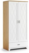 Kast PROVENZA SZD2SZ1 Eiken Steen/Wit Mat - RETRO 2-DEURS KLEERKAST MET LADE, LEGPLANK EN KLEDINGSTANG