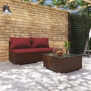 vidaXL 3-delige Loungeset met kussens poly rattan bruin