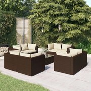 vidaXL 9-delige Loungeset met kussens poly rattan bruin