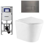 QeramiQ Dely Toiletset - 36.3x51.7cm - diepspoel - rimless - Geberit UP320 inbouwreservoir - softclose toiletzitting - gunmetal bedieningsplaat - rechtehoekige knoppen - wit glans SW543431/0701131/SW706199