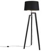 Vloerlamp tripod met katoenen kap zwart met goud 50 cm - Puros Landelijk / Rustiek E27 Binnenverlichting Lamp