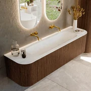 Mondiaz Kurve-dlux 170cm badmeubel ronding links/rechts walnut met 1 lade en 2 deuren en wastafel big large midden zonder kraangat opalo