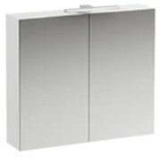 Laufen Base toiletkast 80x18.5x70cm met LED verlichting 2x 2-zijdige spiegeldeur links 2 glazen legplanken en stopcontact hout/glas wit glanzend H4028021102611