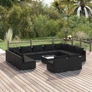 vidaXL 12-delige Loungeset met kussens poly rattan zwart