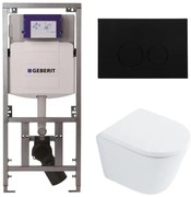 QeramiQ Dely Toiletset - 36.3x51.7cm - diepspoel - rimless - Geberit UP320 Burda inbouwreservoir - softclose toilet zitting 35 mm - kunststof mat zwarte bedieningsplaat - ronde knoppen - wit glans SW1026255 / SW1159505/0701131/SW706188