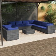 vidaXL 10-delige Loungeset met kussens poly rattan grijs