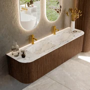 Mondiaz Kurve-dlux 170cm badmeubel ronding links/rechts walnut met 1 lade en 2 deuren en wastafel leaf dubbel 2 kraangaten glace