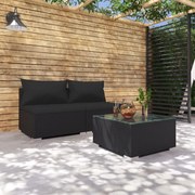 vidaXL 3-delige Loungeset met kussens poly rattan zwart