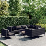 vidaXL 9-delige Loungeset met kussens poly rattan donkergrijs