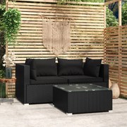 vidaXL 3-delige Loungeset met kussens poly rattan zwart