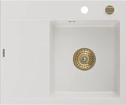 Mexen Ben granitische spoelbak met 1 bak en afdruiprek, rechts 600 x 500 mm, wit, gouden sifon - 6523605000-20-G