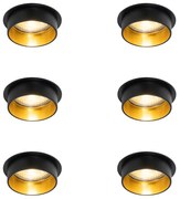 Set van 6 Moderne inbouwspot zwart met gouden binnenkant - Insta