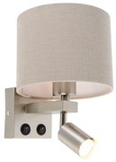 Wandlamp staal met leeslamp en kap 18 cm lichtbruin - Brescia Modern E27 vierkant Binnenverlichting Lamp