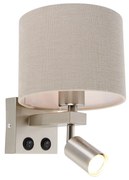 Wandlamp staal met leeslamp en kap 18 cm lichtbruin - Brescia