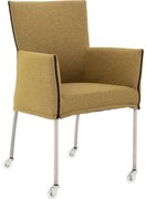Goossens Eetkamerstoel Funk RVS Poten groen stof met armleuning en met wielenTransparant skater wiel met rvs kap, modern design