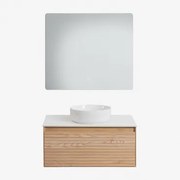 Tedrik Badkamermeubelset In Essenhout Ash Brown & Rond Keramiek Wit Ø40 Cm Lenka & Rechthoekige Led En Anticondens 80x70 Cm Gualar & Zonder Kraan -