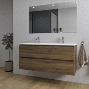 Adema Chaci Badkamermeubelset - 120x46x57cm - 2 keramische wasbakken wit - 2 kraangaten - 2 lades - rechthoekige spiegel - noten (hout) SW1212779/SW804533/SW724613