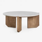 Lavinia Ronde Salontafel In Natuursteen En Mangohout Wit Marmer & Natuurlijk Hout & Ø70 Cm - Sklum