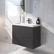 Saqu Lima ondiep badmeubel incl. glans witte wastafel 80x40x64cm zijdeglans zwart – mat zwarte greep