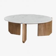 Ronde Salontafel Van Natuursteen En Mangohout Lavinia Wit Marmer & Natuurlijk Hout & Ø85 Cm - Sklum