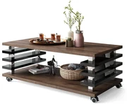PORTO Eik Bruin/Zwart Glans - MODERNE KOFFIETAFEL MET LAMELLEN 2IN1, OP WIELEN/POTEN