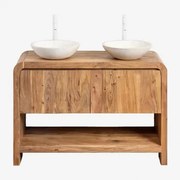 Vacry Acaciahouten Badkamermeubelset Acacia Bruin & 2 X Rond Wit Cement Ø40 Cm Zavion & Spiegelloze & 2 X Wit ↑30 Cm Met - Sklum