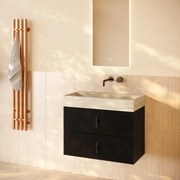 Muebles Murcia badmeubel ribbelfront 80cm zwart mat met White Travertin wastafel zonder kraangat