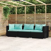 vidaXL Driezitsbank met kussens poly rattan zwart