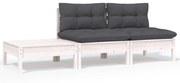 vidaXL 3-delige Loungeset met kussens massief grenenhout wit