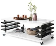 PORTO Wit Glans/Zwart Glans - MODERNE KOFFIETAFEL MET LAMELLEN 2IN1, OP WIELEN/POTEN