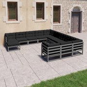 vidaXL 12-delige Loungeset met kussens massief grenenhout grijs