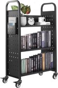 VEVOR Boekenwagen, draagvermogen 150 kg, Bibliotheekwagen, 77 x 38 x 122 cm, enkelzijdige L-vormige boekenplank met dubbele remwielen, Boekenplankwagen voor woonkamer, kantoor, school, zwart