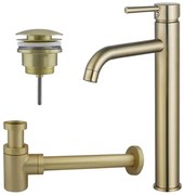 Fortifura Calvi Wastafelkraanset - verhoogde wastafelkraan - klikwaste plug - verlaagde design sifon - Geborsteld Messing PVD (Goud) SW720549/SW696202/SW696218