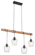 Landelijke hanglamp zwart met hout 4-lichts - Stronk