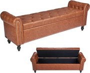 VEVOR Ottoman Bank (460 x 1660 x 560 mm) van PU-leer met houten poten &amp; opbergruimte &amp; knoopsluiting, moderne schoenenbank met een draagvermogen van 300 kg, bedbank slaapkamerbank voor de woonkamer eetkamer bruin