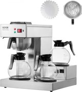 VEVOR 12-kops commerciële filterkoffiezetapparaat, koffiezetapparaat met 3 glazen karaffen en 3 warmhoudplaten, roestvrijstalen koffiezetapparaat met automatische watertoevoer, voor restaurants, kantoren en cafés