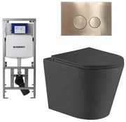 QeramiQ Dely Toiletset - 36.3x51.7cm - diepspoel - rimless - Geberit UP320 Burda inbouwreservoir - softclose toiletzitting - geborsteld messing bedieningsplaat - ronde knoppen - zwart mat SW1026253/0701131/SW706200/SW1000768