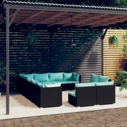 vidaXL 12-delige Loungeset met kussens poly rattan zwart