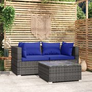 vidaXL 3-delige Loungeset met kussens poly rattan grijs