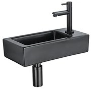 QeramiQ Fuente Fonteinset - 37.5x18.5x9cm - keramiek - kraangat rechts - fonteinkraan zwart mat - afvoerplug - verlaagd sifon - Mat Zwart SW1122447/SW696205/SW696215/SW696235