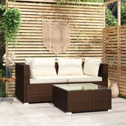 vidaXL 3-delige Loungeset met kussens poly rattan bruin