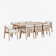 Rechthoekige Tafelset 220x100 Cm En 8 Eetkamerstoelen Van Acaciahout Kaela Lichte Acaciekleur & Stof Gardenia Wit - Sklum
