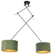 Hanglamp zwart met velours kappen groen met goud 35 cm 2-lichts - Blitz