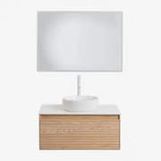 Tedrik Badkamermeubelset In Essenhout Ash Brown & Rond Keramiek Wit Ø40 Cm Lenka & Rechthoekige Led En Anticondens 100x70 Cm Tamsin & Wit - Sklum