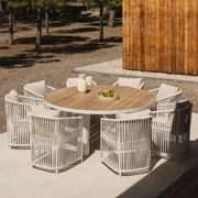 Ronde Tafelset Riviera, Ø180 Cm, In Teakhout En Aluminium, En 8 Sophie Tuinstoelen In Aluminium En Gevlochten Touw. Gardenia Wit - Sklum