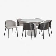 [*] Ronde Betontafelset (ø120 Cm) Noemi En 6 Houten Eetkamerstoelen Met Bekleding Amieva Zand Grijs - Sklum