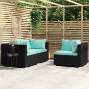 vidaXL 3-delige Loungeset met kussens poly rattan zwart